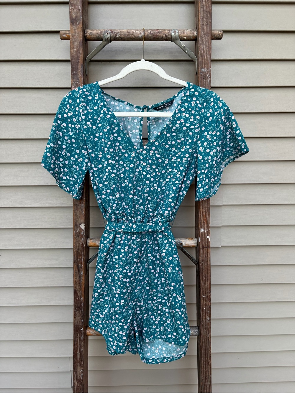 SHEIN Teal Floral V-Neck Short Sleeve Tunic Romper